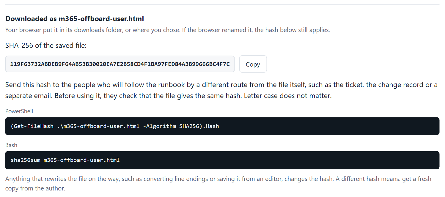 The Builder showing the SHA-256 hash of the saved runbook, with a Copy button and the commands to check it