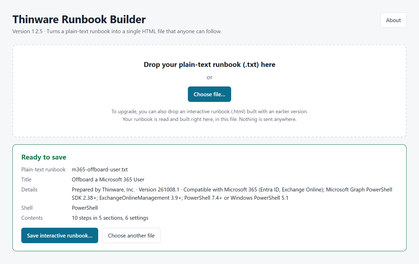 The Builder after a runbook is dropped on it, showing Ready to save with the title, details and contents
